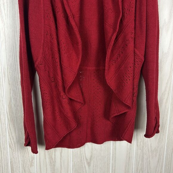 Anthropologie Knitted & Knotted Deep Red Eyelet Open Front Wool Blend Cardigan S - Picture 4 of 8